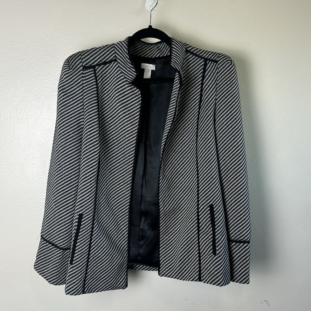 Chico's Striped Open Front Lined Blazer Jacket Black Ivory Women's Large 3